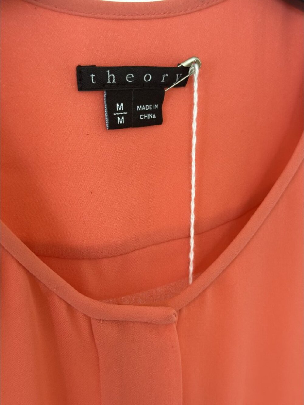 Theory Coral Silk Blouse Gold Zip Pocket Detail 3/4 Sleeve Size M - Picture 4 of 5